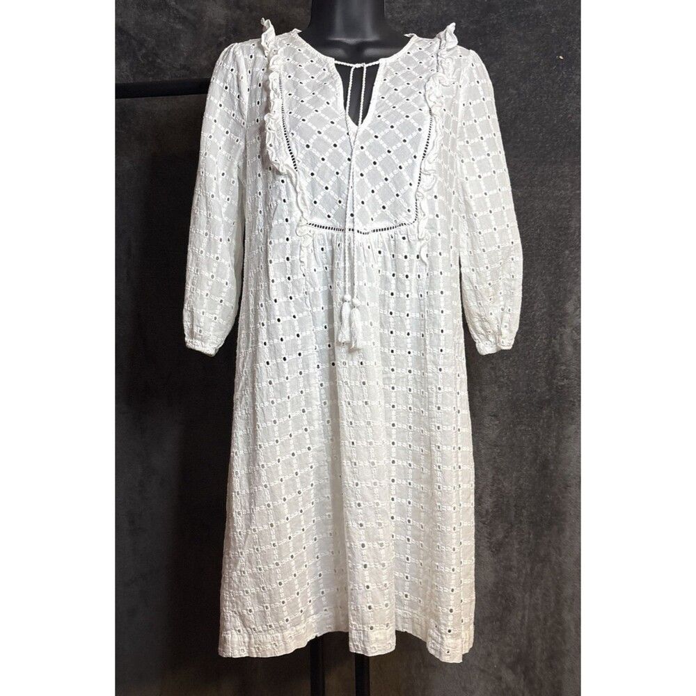 Anthropologie Thames Dress White Eyelet Cotton Womens 4 3/4 Sleeve Mini Boho - Picture 2 of 10